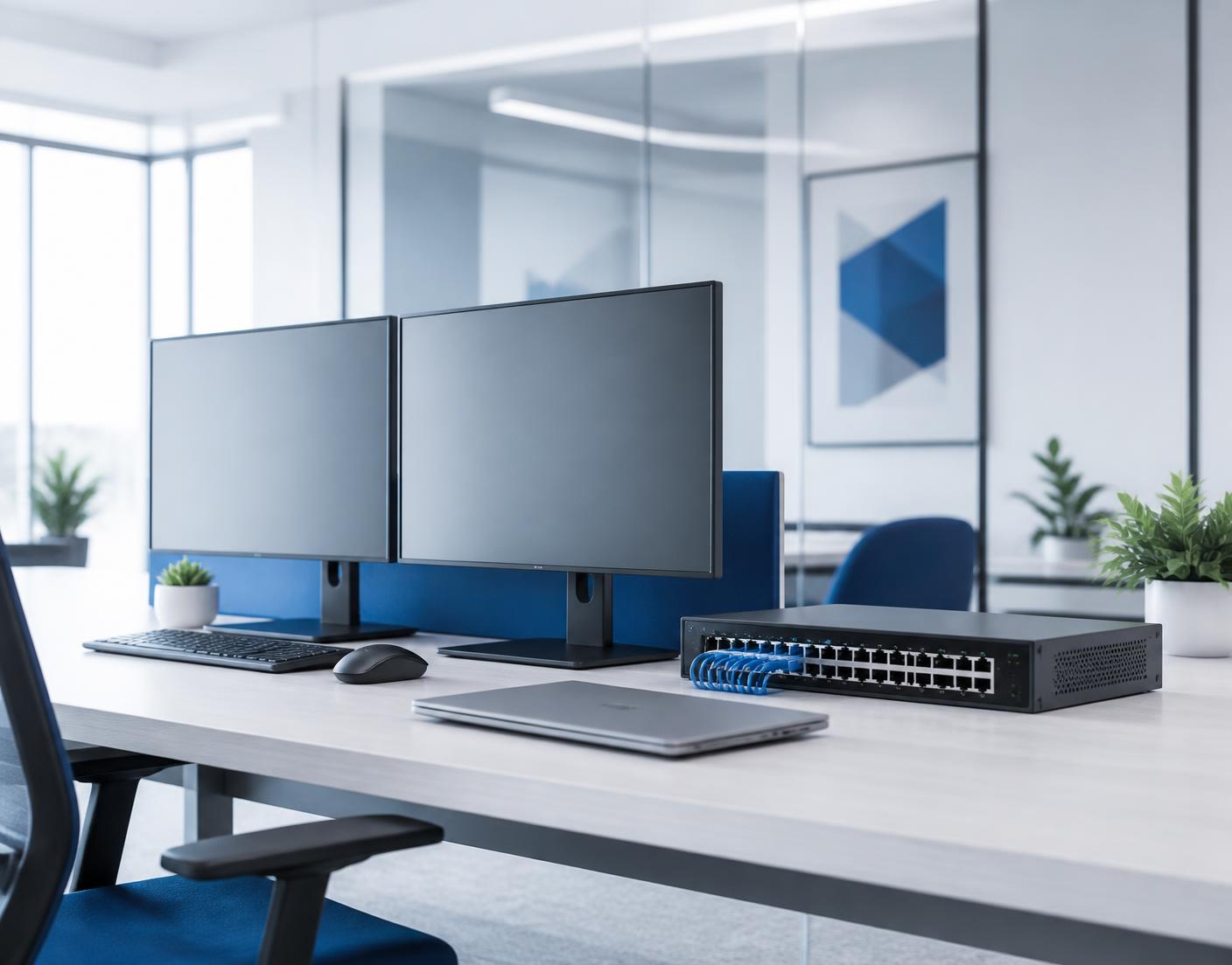 Business office technology setup with workstations, monitors and a network switch
